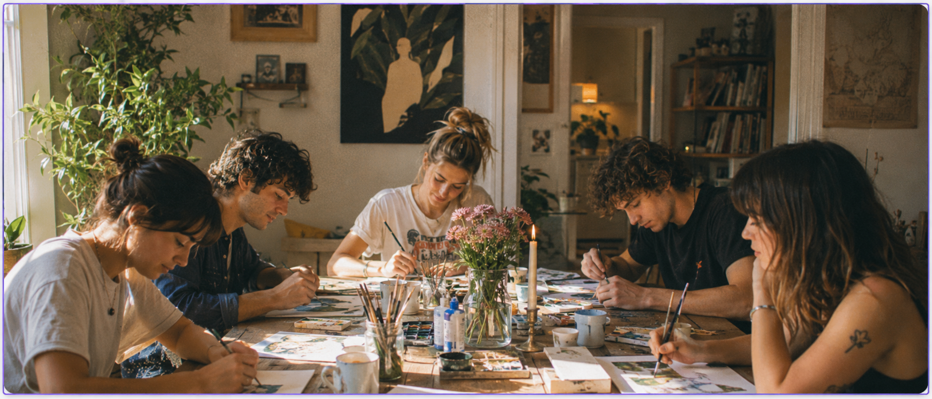 Neighbors painting and making art together around a sunlit table