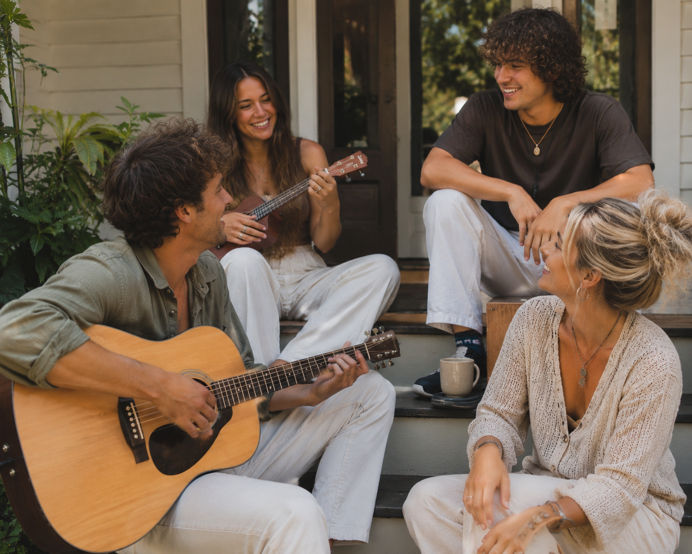 Neighbors making music together on a front porch